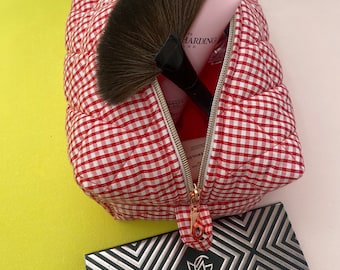 Gingham make-up tas - Gewatteerde make-up tas - Grote toilettas handgemaakt in Groot-Brittannië - Travel Skincare Bag - Verjaardagscadeau