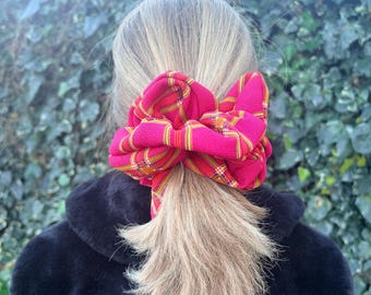 XXL Crepe Scrunchie - Red Tartan, Handmade Hair Accessory