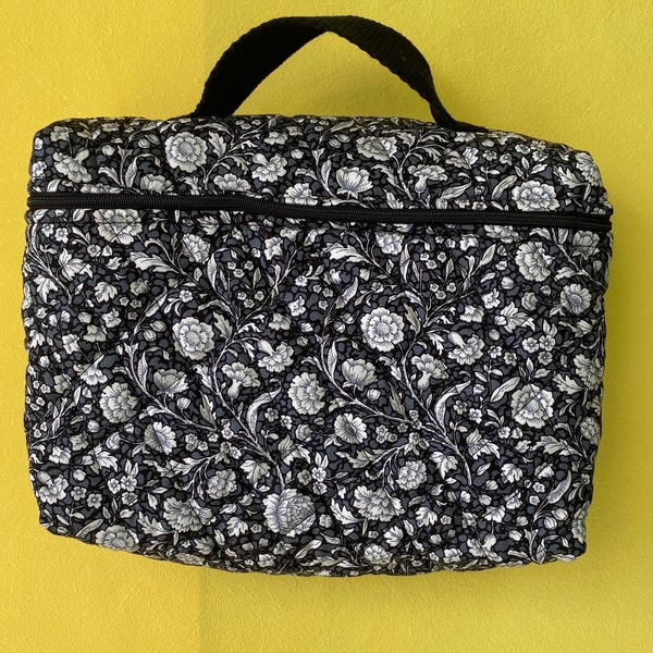 Cute Black Floral Quilted Make Up  - Large Toiletries Bag Handmade in the UK - Travel Skincare Bag -  Birthday Present
