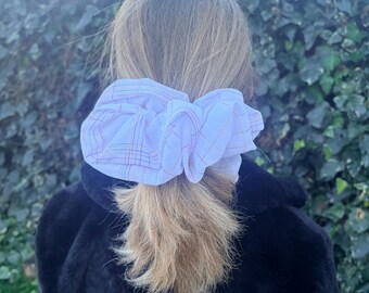 Giant Scrunchie in Crepe White Check Print colours - Great for Thick Hair - XXL Scrunchie Style - Valentine's Gift  - Handmade - UK