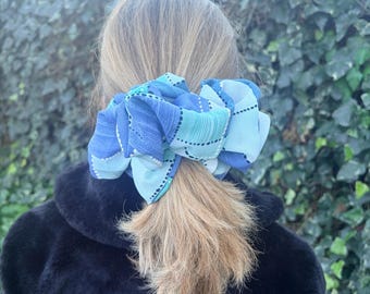XXL Blue Crepe Scrunchie - Handmade Hair Tie for Thick Hair