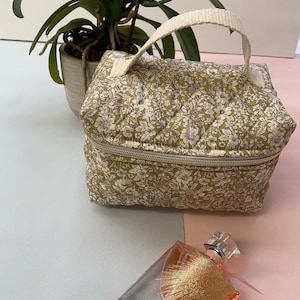Cute Mustard Floral Quilted Make Up  - Large Toiletries Bag Handmade in the UK - Travel Skincare Bag -  Birthday Present