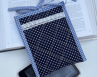 Polka Dot Kindle Sleeve – Blue Gingham, Handmade in UK Padded E-Reader Case