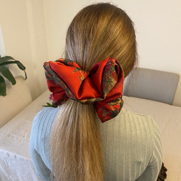 Silk Crepe Giant Scrunchie in a Dark Red Floral  Colour - Great for Thick Hair - XXL or Regular Scrunchie Style  Gift - Handmade in the UK