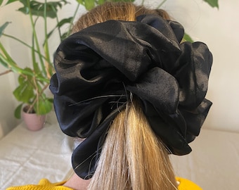 Satin Giant Scrunchie in an Black With Patterns  - Great for Thick Hair - XXL or Regular Scrunchie Style  Xmas Gift - Handmade in the UK