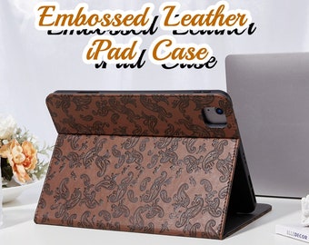 Vintage cashew flower embossed brown leather iPad Air 11" 13" M4 case with pencil holder,iPad Pro 11" 13" 2024,sleep/wake,iPad A16 mini 7