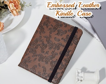 Vintage cashew flower embossed brown leather Kindle case,Kindle 12th Gen 6&quot;, Paperwhite 12th Gen case,Paperwhite 11th Gen,Kindle Colorsoft