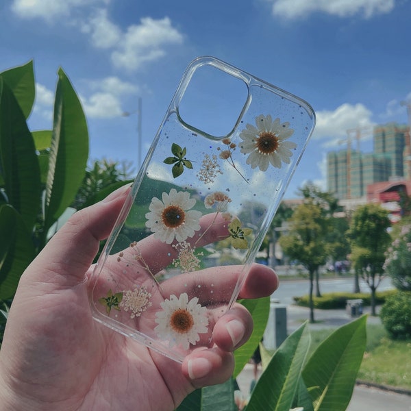 Pressed flower white daisy phone case,iPhone 12 11 pro max 7 8 plus x xr xs Samsung galaxy s20 note20 a52 OnePlus 9 pro Google Pixel 5a case