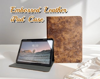 Vintage phoenix flower embossed leather iPad Air 11" 13" M4 case with pencil holder,iPad Pro 11" 13" 2024,auto sleep/wake,iPad A16 mini 7