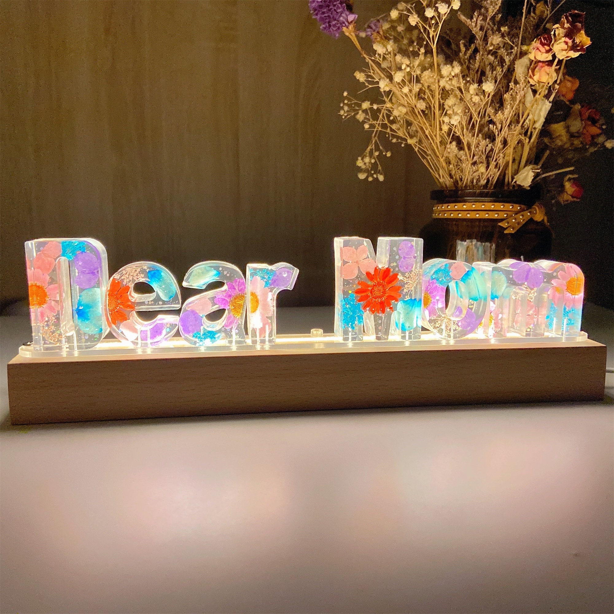 Custom Dry Flower Mom Night Light with 1-10 Name Personalized