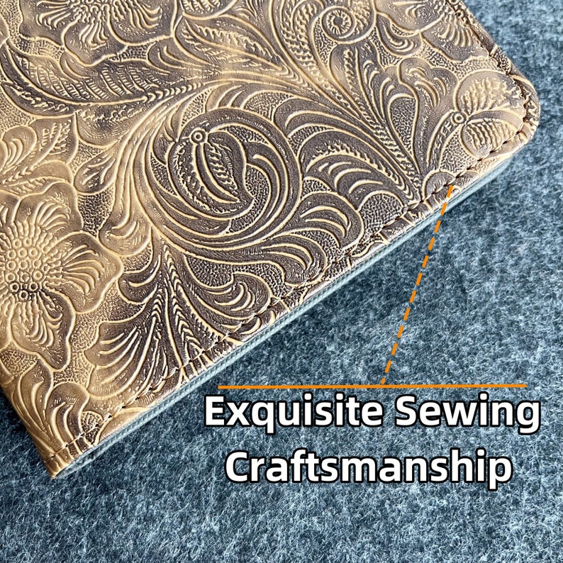 May include: Close-up of the edge of a brown leather wallet with an embossed floral pattern. The stitching is visible and the text "Exquisite Sewing Craftsmanship" is printed below the image.