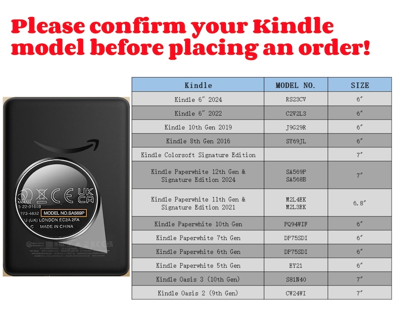 May include: A black Kindle e-reader with a white Amazon logo. A table shows different Kindle models, model numbers, and sizes in inches. The table includes Kindle 6" 2024, Kindle 6" 2022, Kindle 10th Gen 2019, Kindle 8th Gen 2016, Kindle Colorsoft Signature Edition, Kindle Paperwhite 12th Gen & Signature Edition 2024, Kindle Paperwhite 11th Gen & Signature Edition 2021, Kindle Paperwhite 10th Gen, Kindle Paperwhite 7th Gen, Kindle Paperwhite 6th Gen, Kindle Paperwhite 5th Gen, Kindle Oasis 3 (10th Gen), and Kindle Oasis 2 (9th Gen).