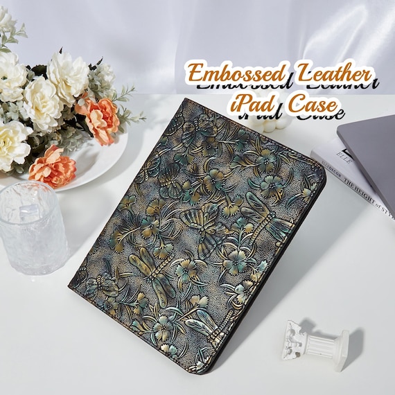 Retro dragonfly and flower embossed leather iPad Air 11" 13" M4 case with pen holder,iPad Pro 11" 13" 2024,sleep/wake,iPad A16 mini 7