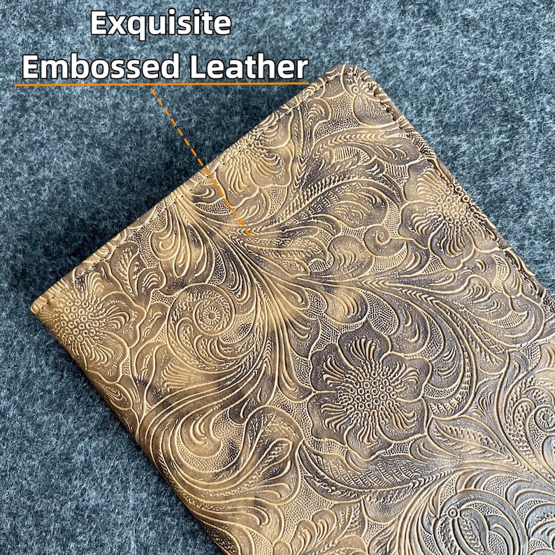 May include: Close-up of a brown leather wallet with an embossed floral pattern. The leather has a distressed look, giving it a vintage feel.