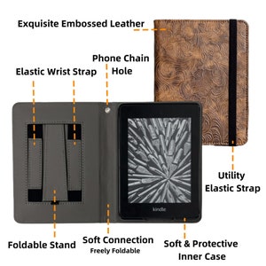 May include: A brown leather Kindle case with an embossed floral pattern. The case has a built-in stand, a wrist strap, and a phone chain hole. The case also has a soft inner lining to protect the Kindle.
