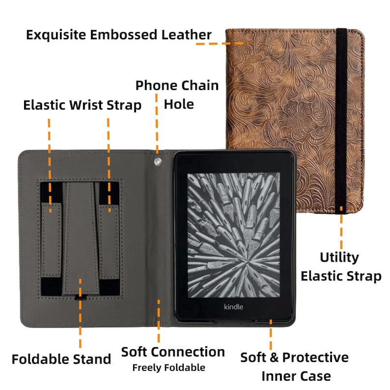 May include: A brown leather Kindle case with an embossed floral pattern. The case has a built-in stand, a wrist strap, and a phone chain hole. The case also has a soft inner lining to protect the Kindle.