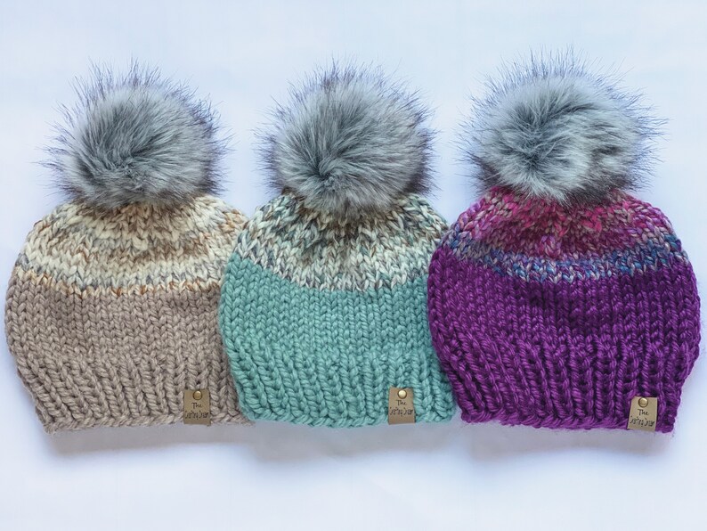 Purple Knit Hat Removable Fur Pom Beanie,Purple Chunky Knit Beanie,winter Hat,Winter Beanie 2 tone beanie,2 tone hat,handmade beanie