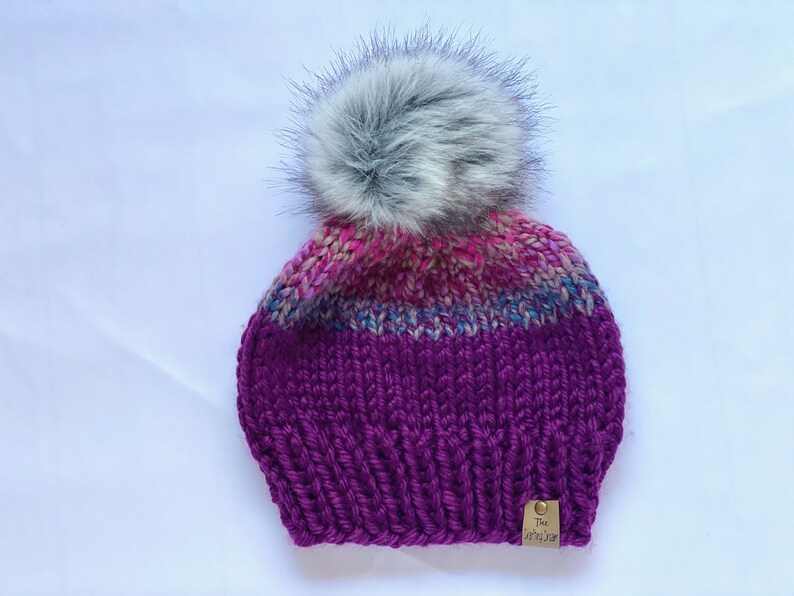 Purple Knit Hat Removable Fur Pom Beanie,Purple Chunky Knit Beanie,winter Hat,Winter Beanie 2 tone beanie,2 tone hat,handmade beanie