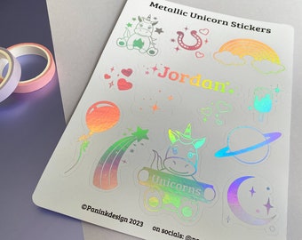 Personalised foiled vinyl Unicorn themed sticker sheet