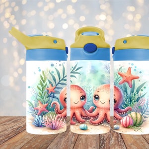 Leuke Octopus Tumbler Wrap Sublimatie 12 oz Kids Sippy Cup FlipTop Tumbler Wrap Kids Aquatic PNG Octopus Sublimatie Digitale Download