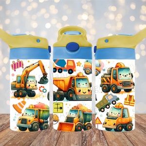 Vaso con tapa abatible para niños de 12 oz con diseño de vehículos de construcción, sublimación PNG, diseño de camiones para niños, descarga digital