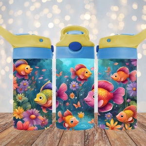 Cute Fish 12 oz Kids Sippy Cup FlipTop Tumbler Wrap 12 oz Straight Tumbler Sublimation PNG Fish Design Wrap Tumblers Instant Download