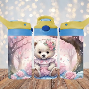 Baby Bear 12 oz Kids Sippy Cup FlipTop Tumbler Wrap 12 oz Straight Tumbler Sublimation PNG Bear Tumbler Design For Girls Digital Download