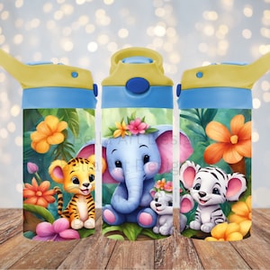 Baby Dschungel Tiere 12 oz Kinder Schnabeltasse FlipTop Becher Wrap PNG Dschungel Safari Sublimationsbecher Design Digitaler Download