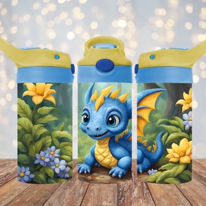 Lindo bebé dragón 12 oz niños FlipTop Sippy Cup Tumbler Wrap 12 oz vaso recto sublimación PNG Dragon Tumbler Diseño Descarga digital
