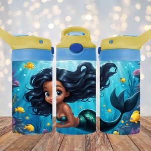 Zeemeermin 12 oz Kids FlipTop Sippy Cup Tumbler Wrap 12 oz Straight Tumbler Sublimatie Afro-Amerikaanse zeemeermin ontwerp digitale download PNG