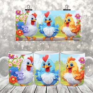 Lindos pollos taza envoltura diseño taza sublimación PNG pollo taza envoltura diseño para niños niñas tazas regalo para niños descarga digital