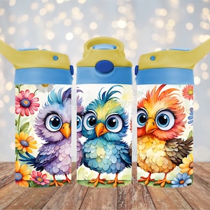 Gobelet à gobelet rabattable pour enfants 12 oz mignons oiseaux, gobelet à gobelet à rabat 12 oz, gobelet droit à sublimation PNG, cadeau design à téléchargement immédiat