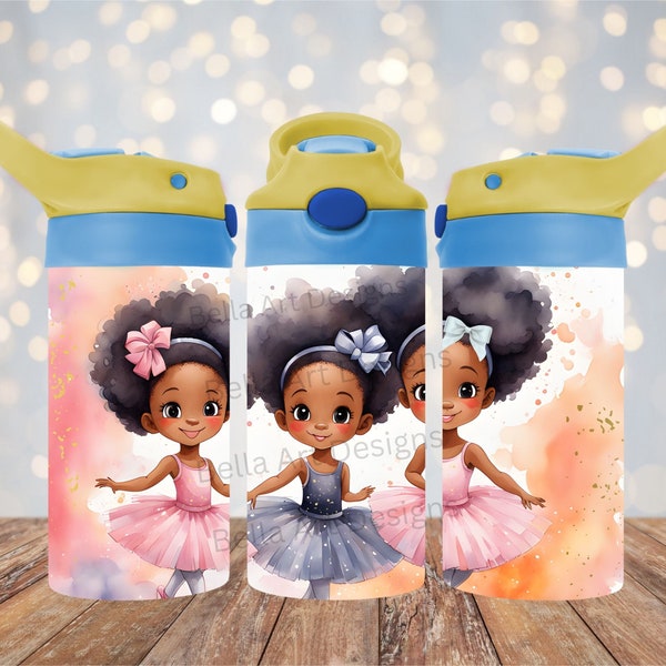 Ballerina 12 oz Kids FlipTop Sippy Cup Tumbler Wrap 12 oz Straight Tumbler Sublimation PNG African American Design Digital Download