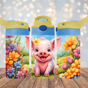 Baby Pig Tumbler Design Wrap 12 oz Kids Sippy Cup FlipTop Vaso 12 oz Vaso recto PNG Piglet Sublimación Diseño Descarga digital