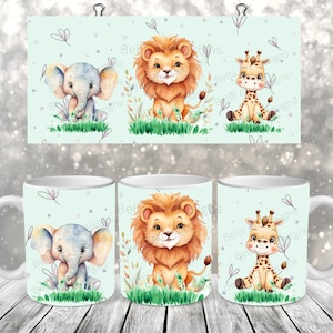 Niedliche Safari-Tiere Mug Wrap Sublimation PNG Safari-Dschungel-Tiere Mug Wrap PNG Sublimationsdesign für Kinder Tassen Geschenk Digitaler Download