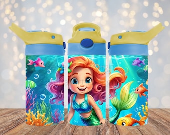 Sirena 12 oz Niños FlipTop Sippy Cup Tumbler Wrap 12 oz Vaso recto Sublimación PNG Diseño de sirena para niñas Tumblers Descarga digital