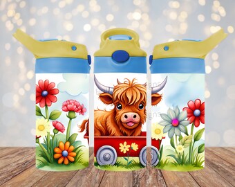 Baby Highland Cow 12 oz Kids FlipTop Sippy Cup Tumbler Wrap 12 oz Straight Tumbler Sublimation PNG Cow Design For Tumblers Digital Download