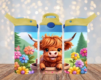 Baby Highland Cow 12 oz Kids FlipTop Sippy Cup Tumbler Wrap 12 oz Vaso recto Sublimación PNG Diseño de vaca para vasos Descarga digital