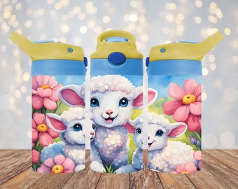Schattige Baby Lammeren 12 oz Kids Sippy Cup FlipTop Sublimatie Tumbler Wrap 12 oz Straight Tumbler PNG Lamb Tumbler Wrap Design Digitale Download
