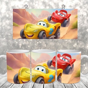 May include: Two cartoon racing cars, one red and one yellow, are racing on a dirt track. The red car is in the lead and the yellow car is close behind. The cars have big eyes and smiles. The background is a desert landscape.