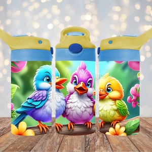 Lindos pájaros bebés 12 oz Niños FlipTop Sippy Cup Tumbler Wrap 12 oz Vaso recto Sublimación PNG Bird Tumbler Diseño Descarga instantánea