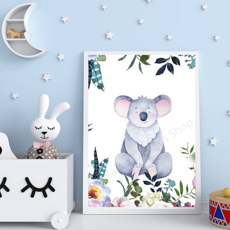 Koala Bear Nursery Wall Art Boho Florals Childrens Room Etsy