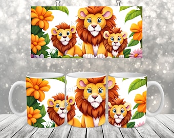 Cute Lions Mug Wrap Design Kids Mug Sublimation PNG Kids Lion Mug Wrap Sublimation Design For Mugs Gift Digital Download