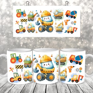 Véhicules de construction mignons Mug Wrap sublimation PNG Véhicules de construction Mug Sublimation Design pour enfants Mugs cadeau Téléchargement numérique
