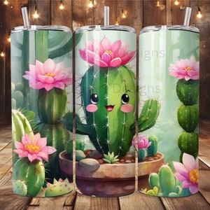 Kawaii Cactus Tumbler Wrap Diseño 20 oz Vaso Sublimación PNG Cactus Diseño Flaco Recto Flaco Vasos Cónicos Descarga Digital