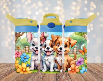 Cachorros lindos 12 oz Kids Sippy Cup FlipTop Tumbler Wrap 12 oz Vaso recto Sublimación PNG Diseño de cachorro para vasos Descarga digital