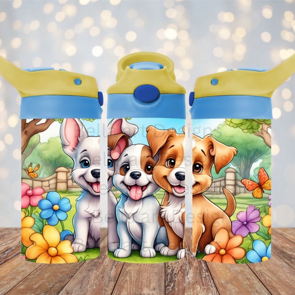 Cute Puppies 12 oz Kids Sippy Cup FlipTop Tumbler Wrap 12 oz Straight Tumbler Sublimation PNG Puppy Design For Tumblers Digital Download
