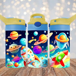 Outer Space Tumbler Wrap 12 oz Kids Sippy Cup FlipTop Tumbler Wrap PNG Rockets Planets Sublimation Tumbler Wrap Design Digital Download