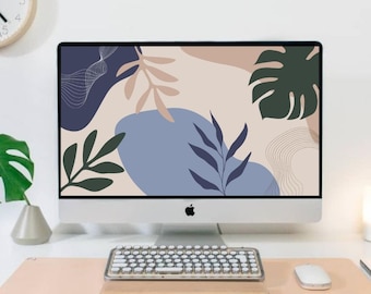 Boho Desktop Wallpaper – Abstract Pastel Leaves (Digital Download)
