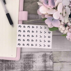 Jour de la semaine 2 lettres, bullet journal sticker, bague à main, Matt Transparent, allemand, anglais, 10 mm, 5 mm